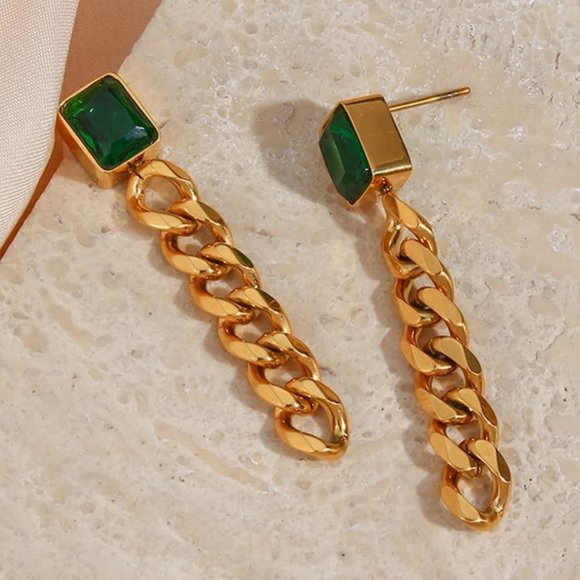Green Zircon 18K Gold Plated Stainless Steel Chain‎ Earrings - Picture 3 of 5